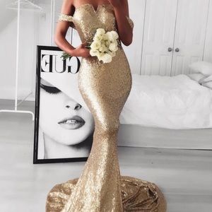 ALAMOURTHELABEL GOLD SEQUIN GOWN OFF-SHOULDER
